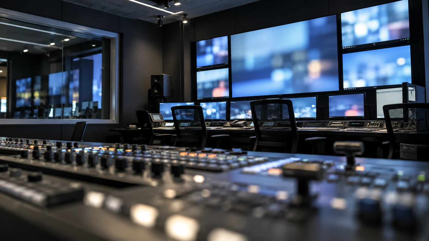 Imagen ilustrativa de una sala de control de televisión con monitores y una consola de producción